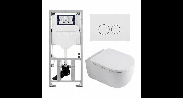 QeramiQ Dely Swirl Toiletset - 36.3x51.7cm - Geberit UP320 inbouwreservoir - met Burda frame - 35mm zitting - mat witte metalen bedieningsplaat - ronde knoppen - wit glans
