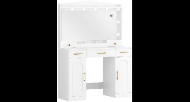 Kaptafel – Make-Up Tafel – Dressingspiegel – Toilettafel – Beautymeubel – Klassiek Wit – Grote HD Spiegel – Verstelbare 3-Kleurige LED Verlichting – 5 Lades & 2 Open Vakken – 40x108x149 cm – Houten Constructie