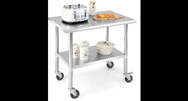 COSTWAY Roestvrijstalen werktafel keuken, roestvrijstalen tafel met in hoogte verstelbare plank en 4 universele wielen, 250 kg draagkracht, 91,5 x 61 x 88,5 cm, keukentafel, demontagetafel, bar