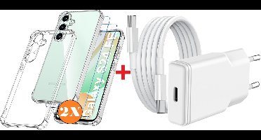 USB C Adapter S24 FE oplader - USB C Snellader 20W Met 1m Kabel - Hoesje Geschikt voor Samsung Galaxy S24 FE hoesje transparant Anti Shock silicone met 2x screenprotector- Ntech COMBI-SET