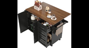 Keukenwagen met diagonaal gestreepte kastdeuren, uitneembare eetwagen met handdoekhouder en kruidenrek, verstelbare verdelers, keukenbuffet, tafelblad met houtnerf, zwart