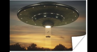 Poster Een illustratie van een UFO die een auto omhoog straalt - Jongens - Meisjes - Kinderen - Kindje - 30x20 cm