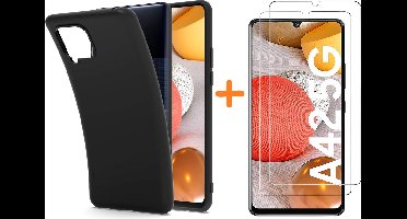 Hoesje Geschikt Voor Samsung Galaxy 42 Hoesje Zwart siliconen backcover TPU Back case met Galaxy A42 5G met 2 Pack Screenprotector Glazen tempered glass