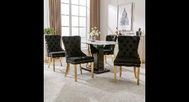 Eetkamerstoel – Keukenstoel – Woonkamerstoel – Stoel – Set van 4 – Uniek Rond Handvat – Gouden Roestvrijstalen Poten Met Spijkerbespijkering – Zwarte Stof