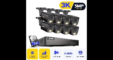 Beveiligingscamera – Camerabewaking – Beveiligingssysteem – Buitencamera – 8-Kanaals 3K UHD – AI Mens- & Voertuigdetectie – 1TB HDD Nachtzicht Kleurenscherm