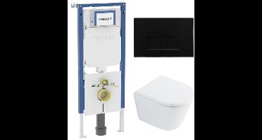 QeramiQ Dely Toiletset - 36.3x51.7cm - diepspoel - rimless - Geberit UP720 inbouwreservoir - softclose toilet zitting 35 mm - metaal mat zwart bedieningsplaat - rechthoekige knoppen - wit glans