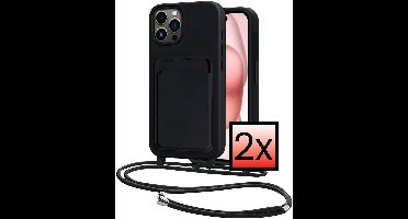 Hoes Geschikt voor iPhone 15 Pro Hoesje Pasjeshouder Cover Met Koord Case Siliconen Hoes Met Telefoonkoord en Kaarthouder - Zwart - 2 PACK