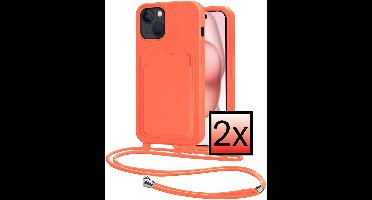 Hoes Geschikt voor iPhone 15 Plus Hoesje Pasjeshouder Cover Met Koord Case Siliconen Hoes Met Telefoonkoord en Kaarthouder - Papaya - 2 PACK