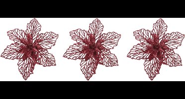 Kerstboomversiering Kerstster - 4x - 17 cm - rood glitter - op clip - ornament