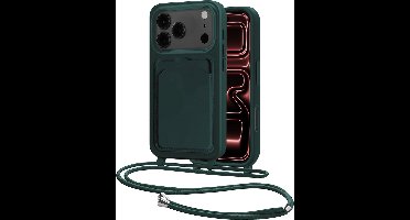 Hoes Geschikt voor iPhone 17 Pro Max Hoesje Pasjeshouder Cover Met Koord Case Siliconen Hoes Met Telefoonkoord en Kaarthouder - Donkergroen