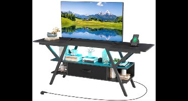 SureDeal® - TV-Meubel 140 cm voor 65 inch - 3-Laags met LED & Stopcontacten - Hout & Metaal - Zwart - TV-Stand Kast