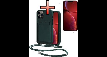Hoes Geschikt voor iPhone 13 Pro Hoesje Pasjeshouder Cover Met Koord Case Siliconen Hoes Met Telefoonkoord en Kaarthouder Met Screenprotector - Donkergroen