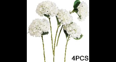 4 Stuks Levensechte Witte Hortensia's – Realistische Stoffen Bloemen met Bladeren en Stelen – Kunsthortensia's voor Tafeldecoratie bij Thuis, Bruiloften en Feesten