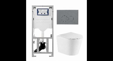QeramiQ Dely Toiletset - 36.3x51.7cm - diepspoel - rimless - Geberit UP320 inbouwreservoir - met Burda frame - softclose toiletzitting - bedieningsplaat licht grijs - ronde knoppen - wit mat