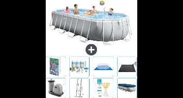 Intex Ovaal Prism Frame Zwembad - 610 x 305 x 122 cm - Grijs - Inclusief Pomp - Ladder - Grondzeil - Afdekzeil - Onderhoudspakket - Solar Mat - 9-delig