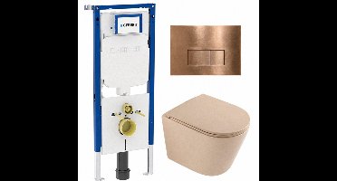 QeramiQ Dely Toiletset - 36.3x51.7cm - diepspoel - rimless - Geberit UP720 inbouwreservoir - softclose toilet zitting - koperen bedieningsplaat - rechthoekige knoppen - mat beige