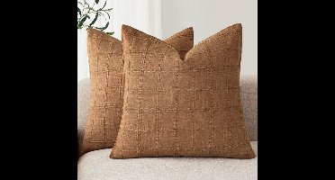 Kussenslopen - 2 decoratieve linnen kussenslopen met ruitmotief - Vintage kussenhoezen - Moderne Boho-woondecoratie in kuststijl voor bank, stoel, bank, slaapkamer, woonkamer Buitenkamer - 45x45cm, bruin