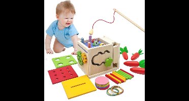 Houten Montessori-babyspeelgoed – 7-in-1 houten speelset met objectpermanentiedoos, muntdoos, worteloogstspel, kleurensorteerspel en visspel – Kerst- of verjaardagscadeau voor jongens, meisjes en peuters van 2-3 jaar (7-in-1)