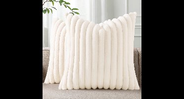 Kussensloop,Kussenhoezen van imitatiebont, 45x45cm, pluizige gestreepte decoratieve kussenslopen, voor bank, bank, woonkamer, 2 stuks, crèmewit