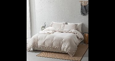 Herside King Dekbedovertrek Set - Beige Grijs Ruche Beddengoed - 2-Lagen - 1 Dekbedovertrek 2 Kussenslopen