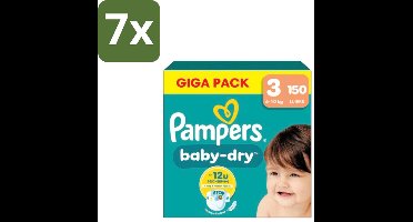 7 x Pampers – Luiers – Baby Dry Maat 3 – 150 Luiers - Baby-dry Luiers - Lekken Voorkomen - Droge Nachten - Comfortabele Luiers - Stop En Bescherm Pocket