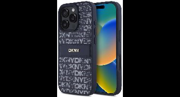 DKNY, Hoesje Geschikt voor Apple iPhone 16 Pro Edition: Ton-sur-ton streeppatroon met metallic logo, Blauw