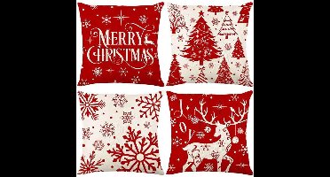 Gigicial Kerstkussenslopen - Kerstkussenhoezen Voor De Woonkamer - Zacht Linnen Materiaal Met Feestelijke Rood-Witte Patronen - 4 Stuks - Voor Kerstdecoratie Rood