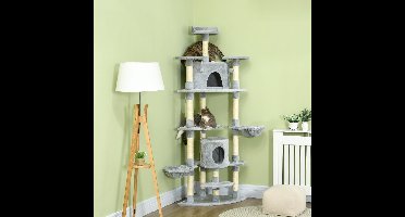 Krabpaal – Krabboom – Kattenmeubel – Kattenkrabpaal – Klimmeubel – Met 2 Hangmatten en 2 Kattenholletjes – Zachte Pluche Bekleding en Stevig Sisaltouw – Lichtgrijs