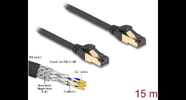 Delock RJ45 Network Cable Cat.6A male to male S/FTP black 15 m with Cat.7 raw cable suitable for industrial and outdoor use