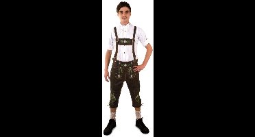 PartyXplosion - Boeren Tirol & Oktoberfest Kostuum - Lederhose Bruin Deluxe Driekwart Met Groene Borduursels Man - bruin - Maat 56 - Bierfeest - Verkleedkleding - Carnaval kostuum heren