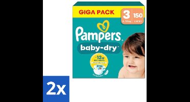 2 x Pampers – Luiers – Baby Dry Maat 3 – 150 Luiers - Baby-dry Luiers - Lekken Voorkomen - Droge Nachten - Comfortabele Luiers - Stop En Bescherm Pocket
