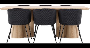 Olivia eethoek tafel 100x210cm en 6 fluwelen stoelen met armleuningen naturel.