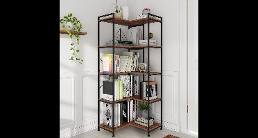 5-Laagse Hoekboekenplank – Boekenrek – Boekenkast – Opbergplank – Display Rek – Verstelbaar Ontwerp – Industrieel Metalen Frame – MDF Planken – 150 cm Hoog – Krasbestendig