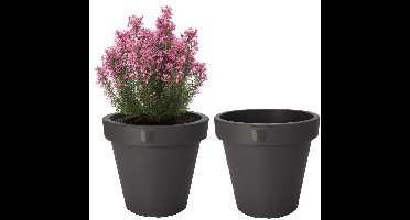 Pro Garden Bloempot - 2x - antraciet - rond - D25 cm - kunststof - plantenpot - tuin buiten