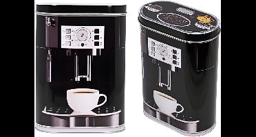 Excellent Houseware Koffie bewaarblik - 2x - zwart - koffiemachine print - 14 x 7 x 19 cm - bewaarbus