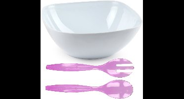 Plasticforte Salade/sla serveerschaal - wit - kunststof - D28 x H11 cm - met sla bestek in het paars - 29 cm