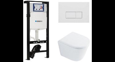 QeramiQ Dely Toiletset - 36.3x51.7cm - diepspoel - rimless - Inbouwreservoir met Geberit UP320 spoelmechanisme - softclose toilet zitting 35 mm - mat witte bedieningsplaat - rechthoekige knoppen - wit glans