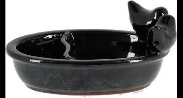 Best for Birds Vogelbad/voederschaal - zwart - keramiek - 15 x 20 x 8 cm - drink/eet schaal voor tuinvogels