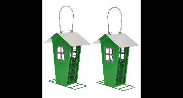 2x Tuinvogels hangende voeder silo/voederhuisje groen - 14 x 13 x 19 cm - Winter vogelvoer huisjes voor vetbollen of pindas