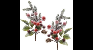 Kerststukje instekertjes - 2x - bessen/sneeuw - groen/rood - 20 cm