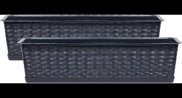 Prosperplast Ratolla plantenbak/bloembak - Set van 2x stuks - antraciet - 12L - 70 x 17 x 15 cm - Met opvangschotel