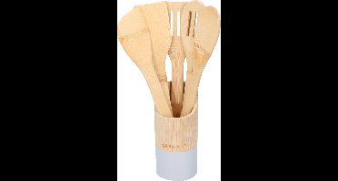 Keukengerei 5-delig 30 cm in houder naturel/grijs van bamboe - Pollepels - Spatels - Keukenspatels