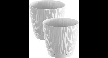 Prosperplast Plantenpot/bloempot Waves - 2x stuks - kunststof - wit - D13 x H12 cm - binnen/buiten - met opvangschaal