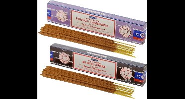Satya Wierook cadeaus set - 2x geurstokjes - Lavendel en Zwarte Opium geur - Meditatie
