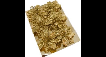 Gerimport Decoratie bloemen op clip - 6x stuks - goud - kunststof - kerstornamenten