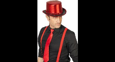 Hoge hoed lamee met paillettenband rood