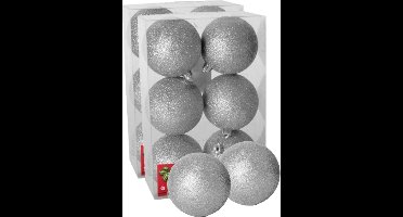 Gerimport Kerstballen - 12x - zilver - kunststof - glitters - D8 cm - kerstversiering