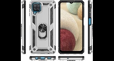 Hoesje Geschikt Voor Samsung Galaxy A12 5G hoesje Hybrid Armor Anti-Shock hoesje Zilver - Galaxy A12 5G - A12 5G Hoesje kickstand Ring houder cover TPU backcover hoesje