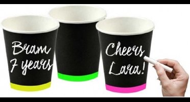 Folat neon bekertjes - 6x stuks - zwart/neon - karton - 250 ml - feestartikelen - drinkbekertjes