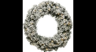 Everlands Kerstkrans - D35 cm - groen - besneeuwd - met kerstverlichting - 20 led lampjes - verlichte deurkrans